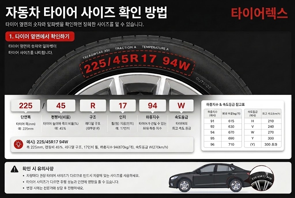 타이어렉스 타이어 옆면의 사이즈, 하중지수와 속도등급 읽는 법